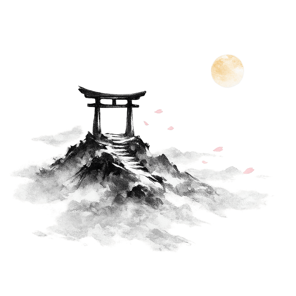 A torii gate atop a misty summit under a gold moon