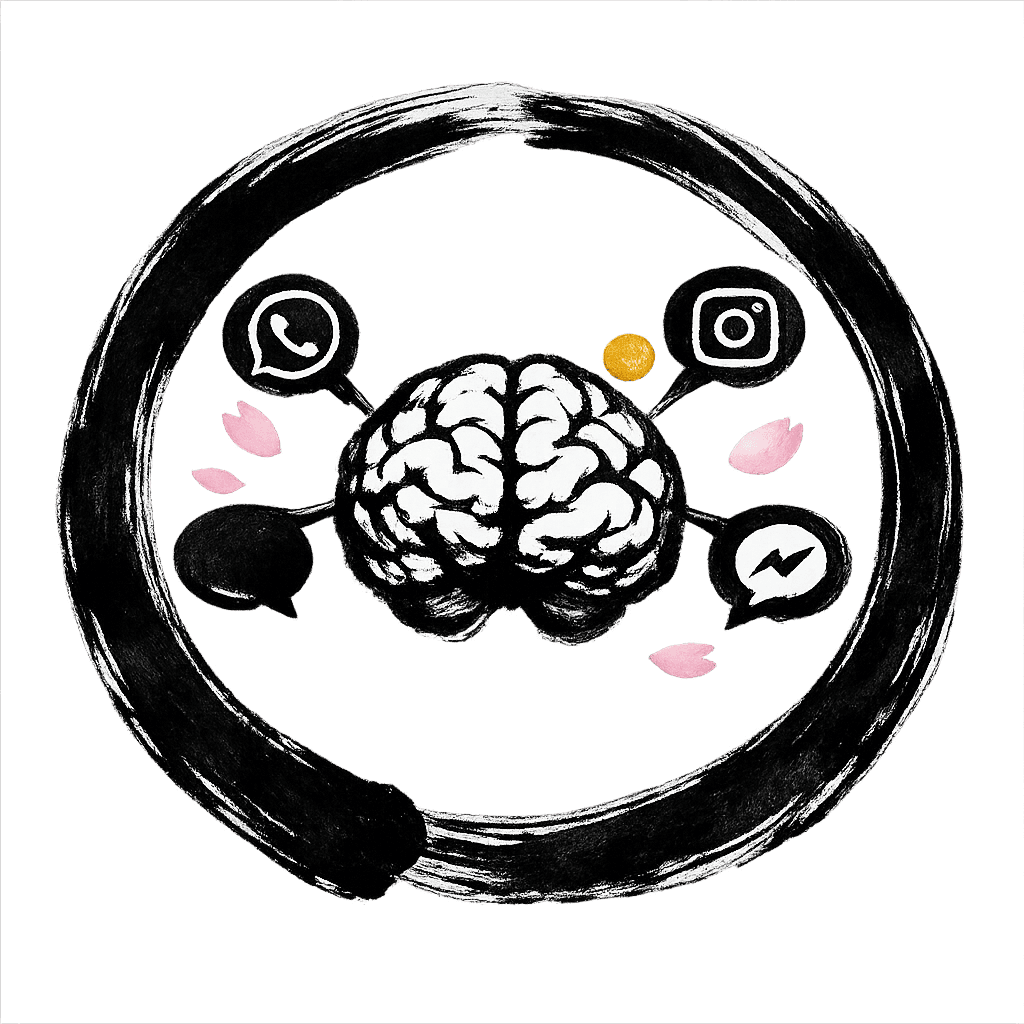 One AI brain answering across WhatsApp, Instagram, Messenger, and the web, inside an enso circle